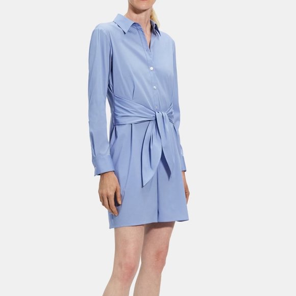 Theory Tie Waist Romper- Long sleeve collared button jumpsuit-Stretch cotton - Picture 2 of 6